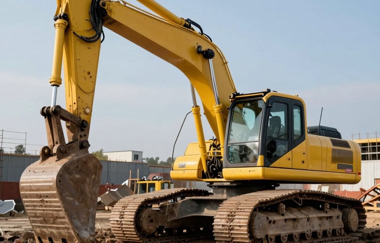 A powerful yellow hydraulic excavator working on a large construction site in Central Europe, deep tracks in the mud, intense industrial atmosphere, clear afternoon light, high contrast photography.
