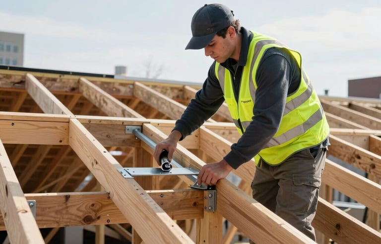 Professional photography of a roofing technician in a high-visibility vest inspecting a structural timber roof frame with steel reinforcements in a North American / US (New York City) attic setting, modern engineering lighting, focus on stability and precision.