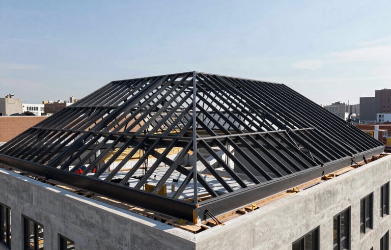 Architectural wide shot of a modern roof replacement in progress on a high-end New York City residential building, clean construction site, focusing on the strong lines of the roof framework against a clear sky, concrete gray and steel black tones.