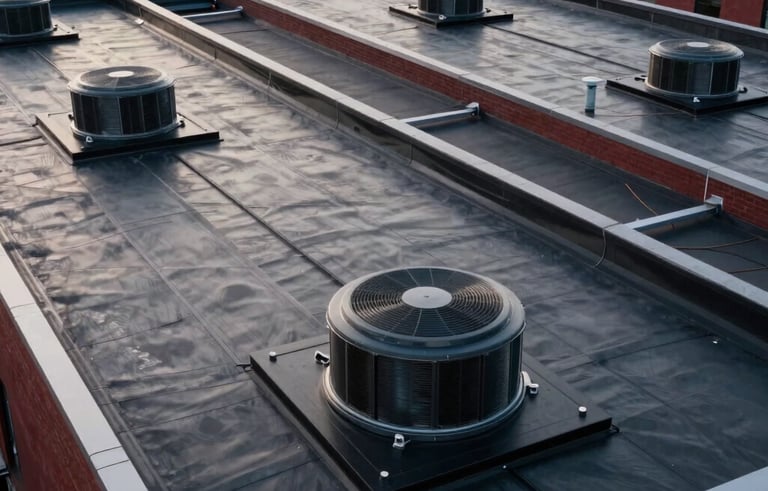 Industrial photography of a large-scale commercial rooftop in North American / US (New York City), showing precision-installed flat roofing materials and clean HVAC mounting systems, professional and authoritative tone, steel black and deep red accents.