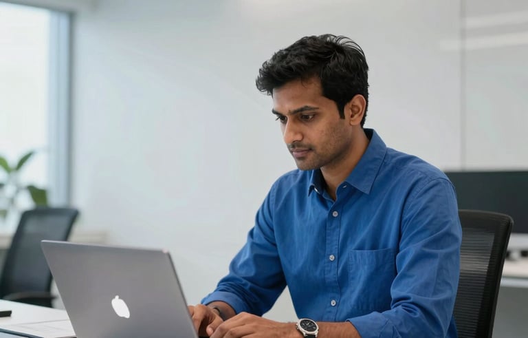 A high-end, minimalist corporate office in India with a professional South Asian consultant managing cloud infrastructure on a sleek laptop. The environment is lit with sophisticated white and electric blue tones, projecting modern technical authority.