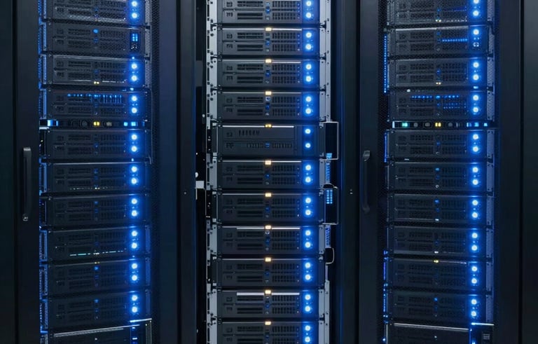 An ultra-modern, high-security server room with rows of equipment glowing with electric blue and white lighting. Symmetrical composition conveying authoritative network stability and cutting-edge security.
