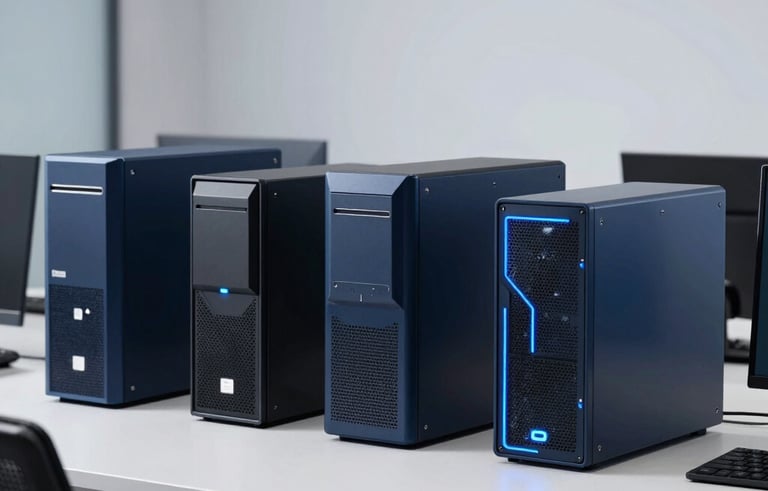 Clean, bright photography of professional enterprise hardware and high-end IT components on a minimalist workstation in a South Asian tech hub. Soft lighting with deep navy and electric blue accents.