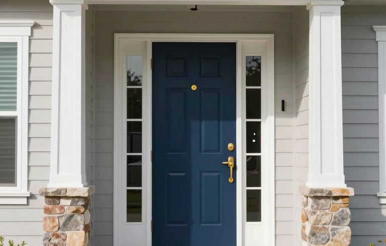 Wide shot of a North American suburban house with a new dark blue entry door, golden metallic handle, bright day, clean professional installation.