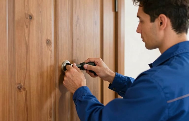 Close-up of a skilled door technician wearing a professional deep blue work shirt while repairing a high-quality solid wood front door in a bright North American home setting, natural lighting, emphasis on professional expertise.