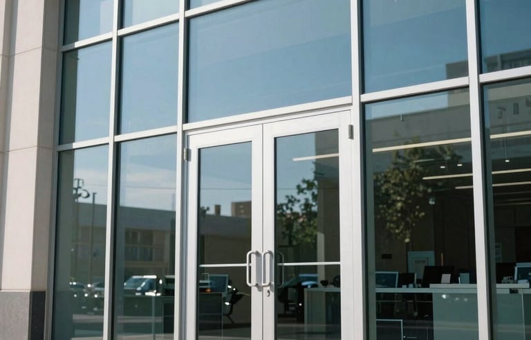 Wide shot of large glass commercial doors at a North American business center, polished metal frames, light blue reflections on the glass, bright and professional architectural photography.