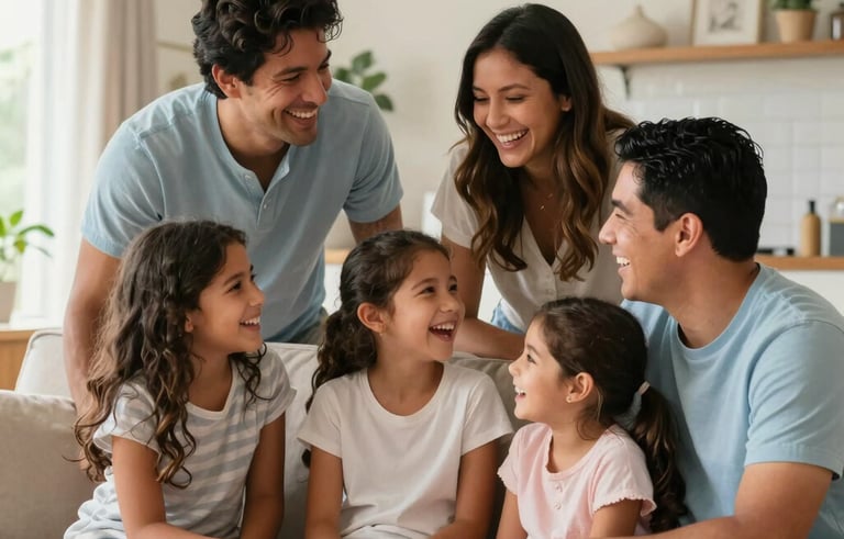 A happy North American / Hispanic family laughing together in a sunlit, modern living room. The composition is warm and inviting, featuring soft beige and light blue tones. High-quality photography focusing on the emotional connection and security of the family unit.