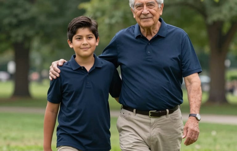 A North American / Hispanic grandfather and grandson walking together in a beautiful green park, symbolizing legacy and the future. The lighting is bright and clean, with the grandfather wearing a navy blue shirt, exuding wisdom and security.