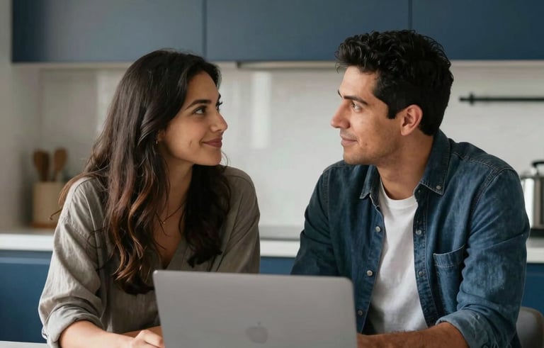 A North American / Hispanic couple sitting at a clean, modern kitchen table with a laptop, looking at each other with hopeful and confident expressions. Professional photography, soft natural light, with tan and dark blue accents in the background.