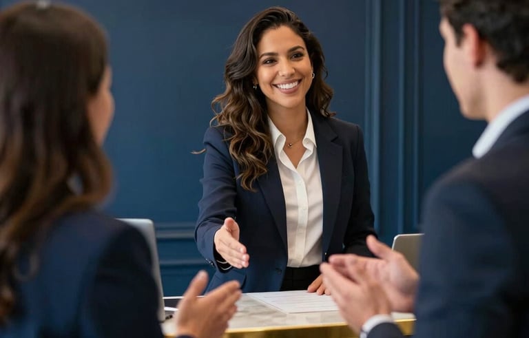 A medium shot of a sophisticated Brazilian corporate lobby. A professional is greeting someone with a welcoming smile. The interior design features elegant dark blue walls and gold accents on the reception desk, conveying a premium and trust-building atmosphere.