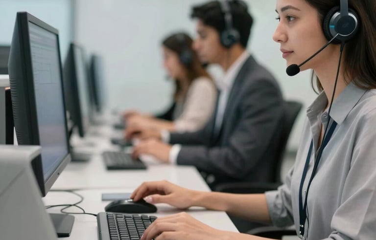 A professional close-up of a high-tech call center workstation in a Brazilian city. Out-of-focus colleagues are in the background, creating a sense of a busy but organized environment. The lighting is bright and modern, highlighting clean lines and light grey equipment.