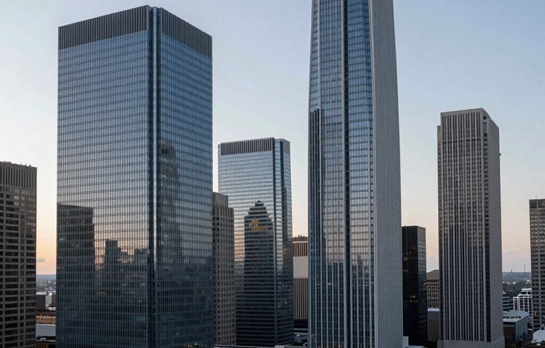 A professional high-angle shot of a modern financial district in a North American city during the morning, featuring sleek glass skyscrapers reflecting a pale blue-gray sky, conveying a sophisticated and trustworthy business atmosphere.