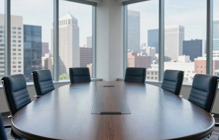 A wide photography shot of a professional North American boardroom with a polished large wood table, featuring deep navy and slate blue tones, with large windows overlooking a bright city skyline.