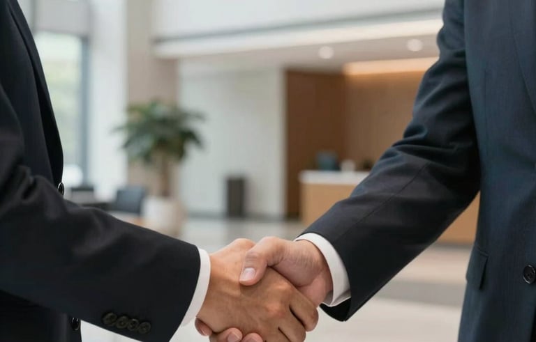 A close-up photograph of two professionals in sharp business attire shaking hands in a modern North American office lobby, with soft natural light and a clean, sophisticated background.