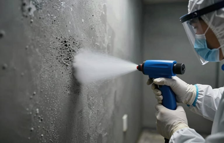 A close-up of a high-tech mold remediation process in a North American / US - Florida basement, showing a technician in protective gear applying sanitizing solution to a wall surface. The scene is dark grey and light grey with blue accents.