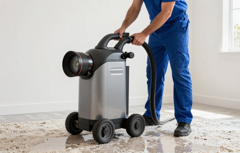 A professional restoration technician in a North American / US - Florida home using a large industrial water extraction vacuum on a wet carpet. The lighting is bright and clean, emphasizing a professional and modern service environment with a white and blue color palette.