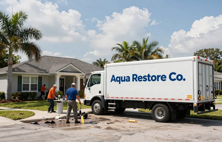 A wide shot of a North American / US - Florida residential street with a professional Aqua Restore Co. truck parked in front of a house, as crews work on storm damage restoration under a bright sky. Professional and trustworthy atmosphere.