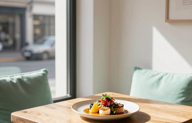 A cozy, Scandinavian-style restaurant interior in a Hispanic city. Natural wood tables, matte white walls, and mint green cushions. On a table sits a beautifully plated gourmet dish with vibrant colors, illuminated by soft morning sunlight through a large window.