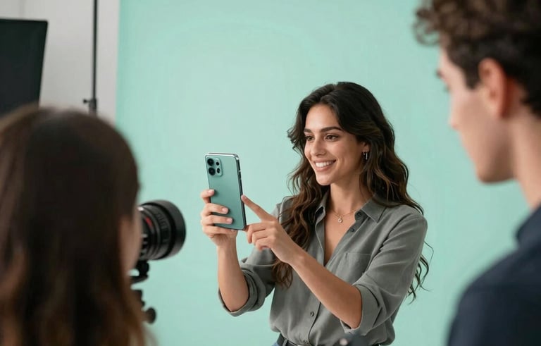 Behind-the-scenes photography of a marketing agency team in a Spanish-speaking country. A Hispanic woman is directing a photo shoot of a sleek mobile phone for a telephony client. The studio is bright with mint green and charcoal grey accents.