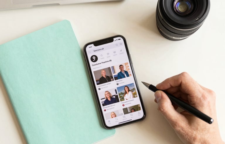 A top-down professional flat lay of a content planning session in a bright office in a Spanish-speaking region. The scene includes a mint green notebook, a modern smartphone showing social media feeds, and a hand holding a pen. The aesthetic is clean and organized with beige and matte white surfaces.