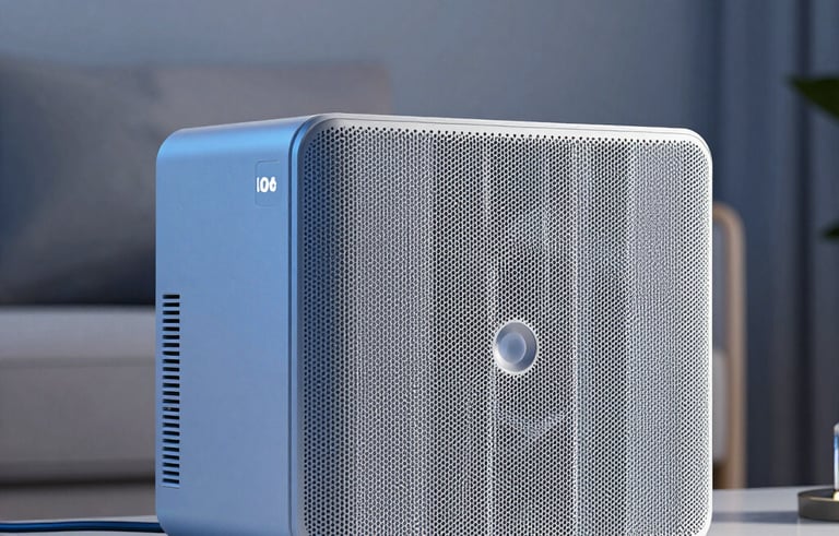 Close-up of a high-tech mesh Wi-Fi system in a minimalist North American home interior. The design is modern and professional, with cool light blue lighting accents reflecting off polished surfaces.