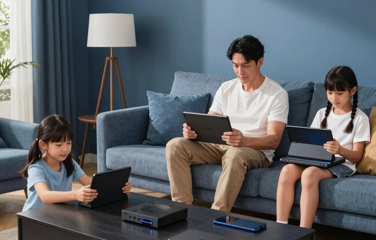 A family relax in their contemporary North American living room, featuring clean lines and medium blue decor. Several devices including a gaming console and tablets are in use simultaneously, suggesting high-speed connectivity.