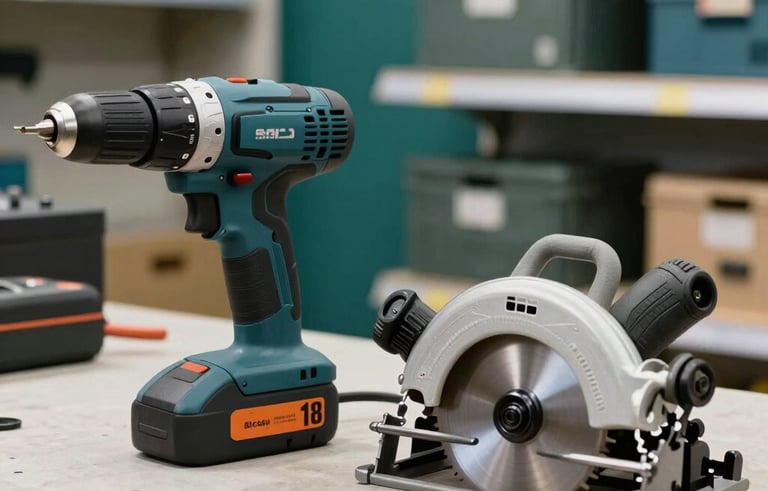 A high-quality studio photograph of professional-grade electric power tools, including a drill and a circular saw, laid out on a clean workbench. The lighting is bright and modern, featuring deep navy and teal accents in the background to match a professional hardware store atmosphere in Brazil.