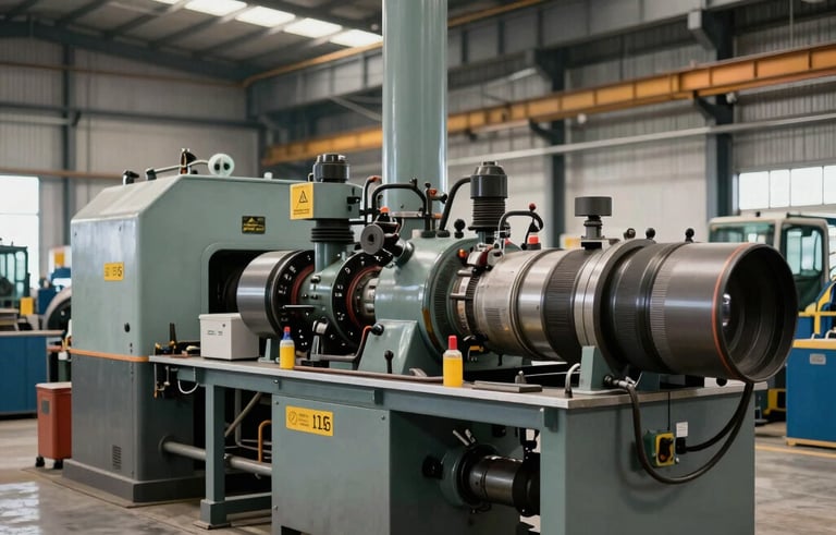 A wide shot of an industrial warehouse in Southern Brazil, showcasing heavy-duty machinery and safety equipment. The lighting is professional and clear, emphasizing reliability and the scale of industrial supply.