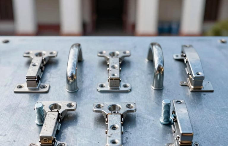 A detailed macro photograph of various steel hardware components like hinges, door handles, and bolts arranged artistically on a light steel blue surface. Sharp focus, clean metallic reflections, South American architectural style context.