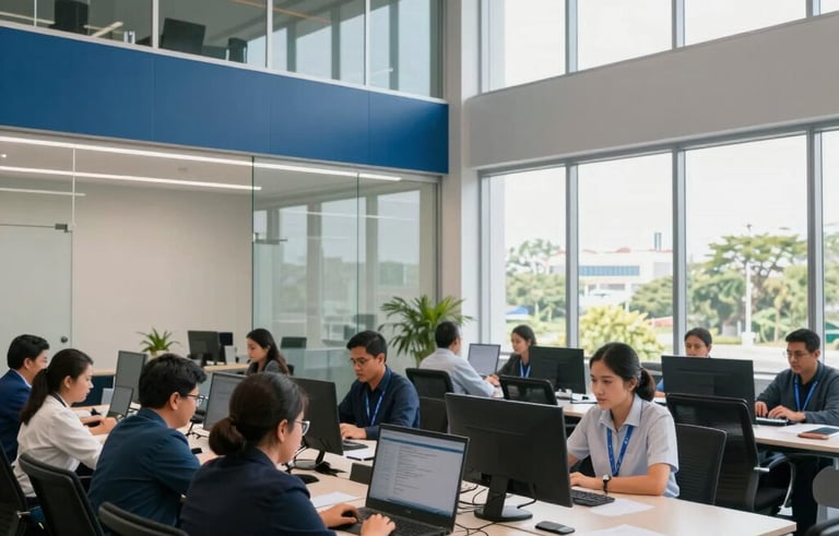 A wide-angle shot of a modern, organized operations room in a South American corporate building. Professional staff working collaboratively in a clean environment with glass walls. Natural daylight, steel blue and off-white color palette.