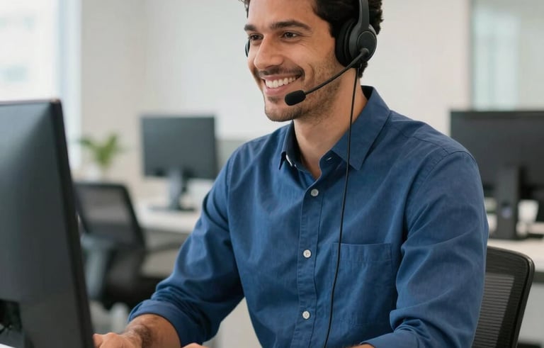 A professional South American male attendant wearing a modern headset, smiling warmly while working at a clean, white desk in a bright Brazilian office. The composition is a medium shot with a blurred office background, featuring colors like steel blue and off-white. Professional lighting.