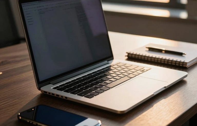 Close-up photography of a professional workstation in a Brazilian office. A high-end laptop, a smartphone, and a notebook on a dark wood surface. Soft evening sunlight coming from a window, featuring gold and dark blue accents.