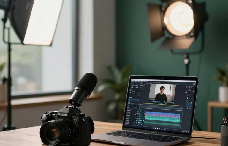 A professional content creator's workspace in a North American loft. A high-end camera, microphone, and a laptop showing video editing software on a wooden desk. Professional studio lighting, sophisticated vibe with deep greens and light grey accents.