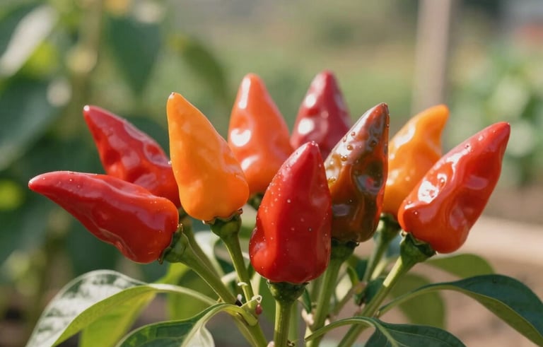 High-quality close-up of vibrant red and orange chili peppers growing in a sunny North American backyard garden. Soft natural sunlight creates warm highlights. The aesthetic is clean and modern, focusing on organic growth with tan and medium green tones.