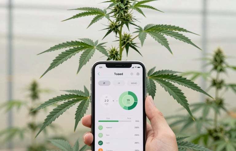 Professional photography of a healthy cannabis plant in a North American indoor greenhouse. A modern smartphone in the foreground displays a clean gardening app with progress charts. Lighting is bright and sterile, with a color palette of deep greens and light off-white.