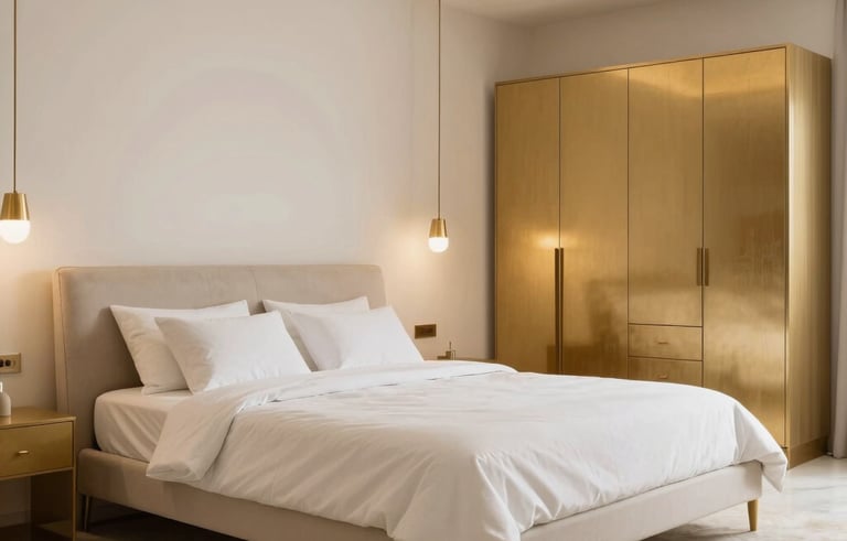Elegant master bedroom set in a Saudi Arabian villa, featuring a large bed and wardrobe, warm professional lighting, minimalist and modern aesthetic, tones of gold and off-white.