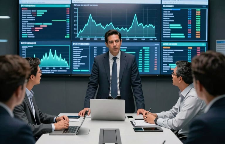 A high-tech control room with digital screens showing data trends, where a Hispanic professional leads a strategy meeting. The lighting is crisp and modern with dark navy and teal tones.