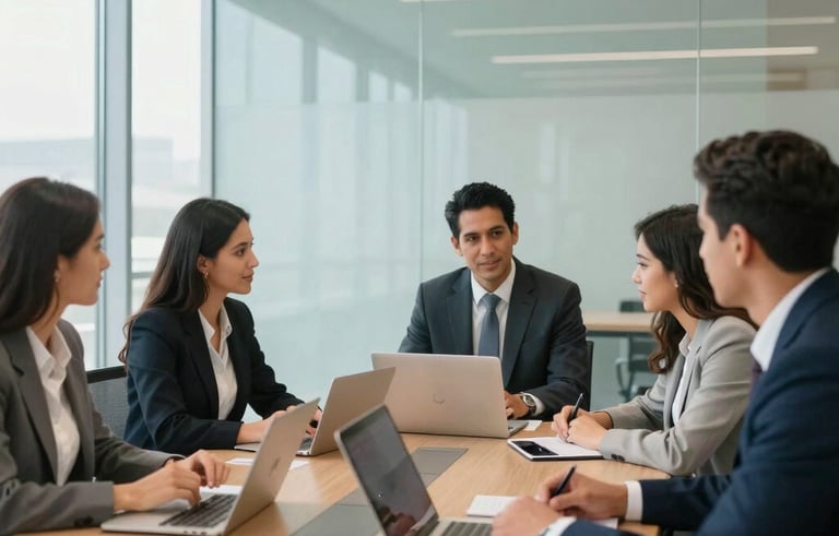 A dynamic team of Hispanic professionals collaborating in a sleek glass-walled boardroom. Natural light fills the space, highlighting pale blue architectural details and professional attire.