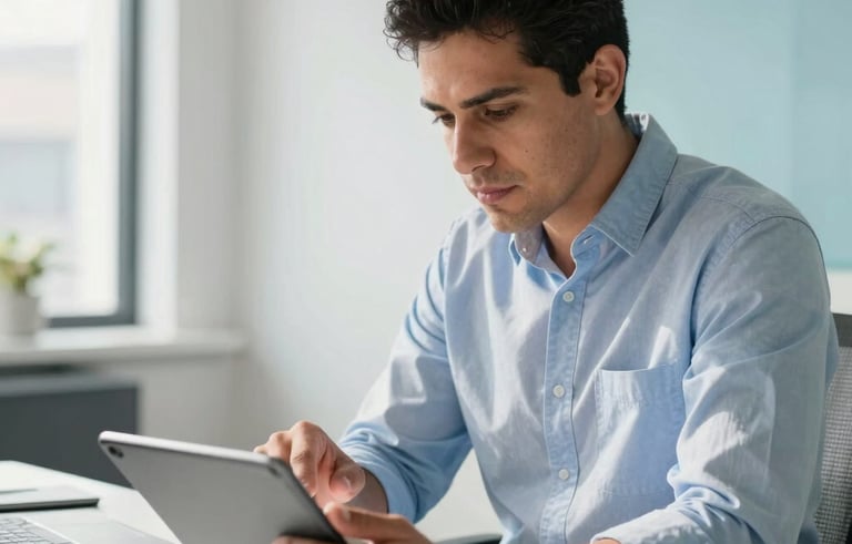A professional Hispanic consultant in a modern, sunlit office in Mexico City, reviewing a digital marketing plan on a tablet. The setting is clean and professional with soft white and light blue accents.
