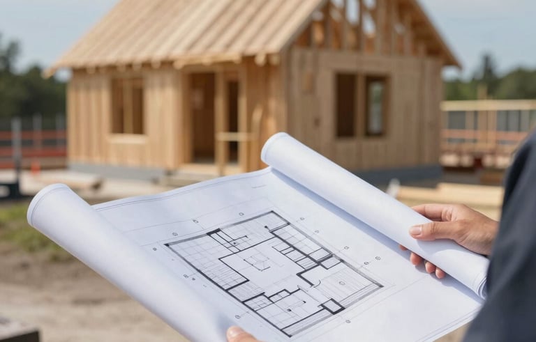 A close-up of a professional site supervisor's hands holding a architectural blueprint roll on a construction site. In the blurred background, a modern house frame is visible under a clear Baltic sky. Premium, reliable atmosphere.