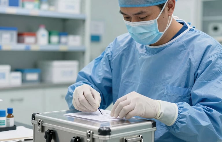A close-up, sharp-focus shot of a technician in sterile blue medical scrubs and gloves, meticulously labeling a sealed stainless steel medical supply kit in a brightly lit, sterile North American warehouse with clean white shelves and steel tables.