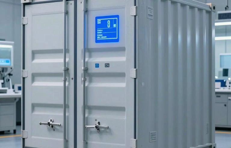 A crisp, clinical photograph of a specialized refrigerated medical shipping container with a glowing blue digital display showing temperature data. The container is set in a high-tech North American logistics hub with professional soft blue and slate grey lighting.