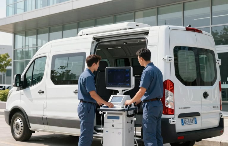 A wide-angle photograph of a pristine white medical transport van parked at a modern North American hospital's glass-walled loading bay. Bright, clean morning light shines on professional drivers in slate blue uniforms securing a high-tech ultrasound machine in a padded protective crate.