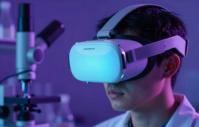 A close-up photograph of a professional in a modern North American research lab wearing a sleek, high-tech VR headset, glowing with soft bright cyan blue light. The background is a sophisticated blur of deep royal purple and midnight blue laboratory equipment, emphasizing innovation and focus.