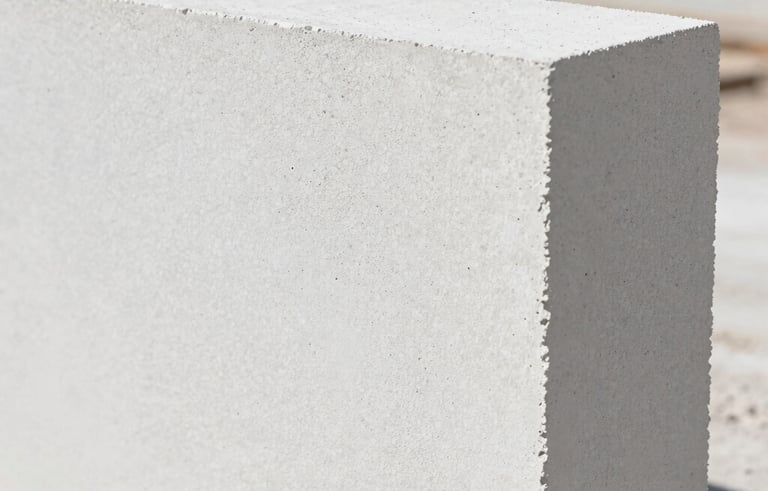 A close-up photograph of a clean, white Autoclaved Aerated Concrete block showing its fine porous texture. The lighting is bright and natural, reflecting a professional and sustainable construction setting in Western Mexico. Minimalist composition with a soft-focus background of a construction site.