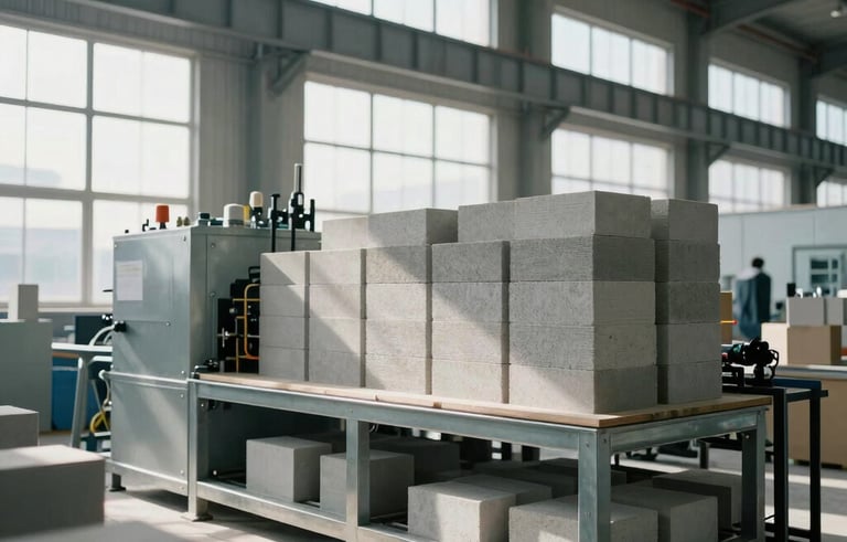 Interior of a modern, high-tech industrial plant in Western Mexico manufacturing AAC blocks. Clean, organized environment with steel machinery and natural light streaming through large windows. Professional atmosphere emphasizing innovation and order.