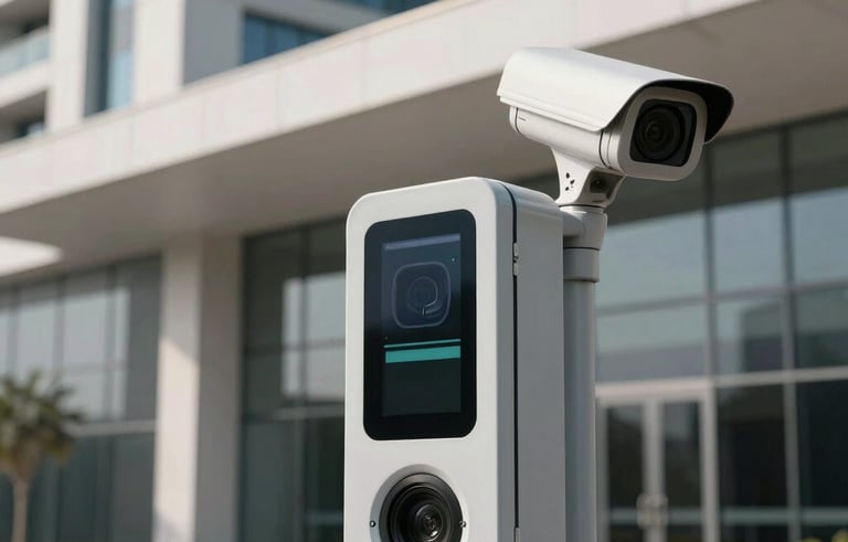 A sleek, modern electronic parking system and high-definition CCTV security camera setup integrated into the clean architecture of a luxury building in Dubai, daytime, professional corporate lighting.