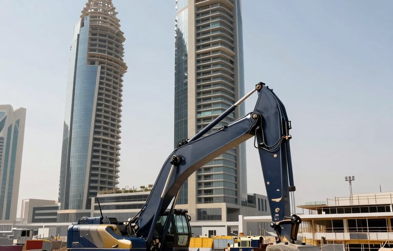 A high-angle professional architectural shot of a modern construction site in Ajman, UAE, featuring heavy machinery and the skeleton of a luxury building against a bright clear sky, with subtle deep navy blue and metallic gold accents in the equipment.