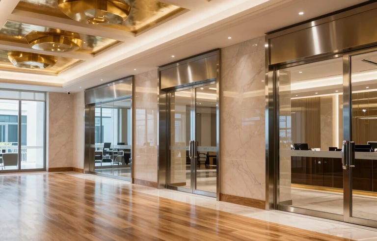 Interior view of a luxury commercial space in Abu Dhabi featuring polished wooden flooring, intricate false ceiling designs with metallic gold accents, and premium aluminium glass doors, Middle Eastern / Gulf corporate style.