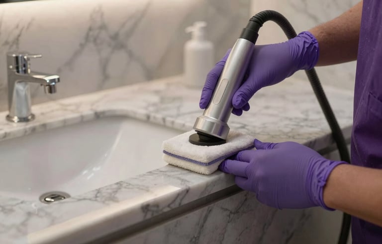 Detailed view of professional deep cleaning services in a luxury Middle Eastern home. Professional equipment used on high-end marble surfaces, focus on cleanliness and precision. Elegant composition with soft light gray and purple tones.